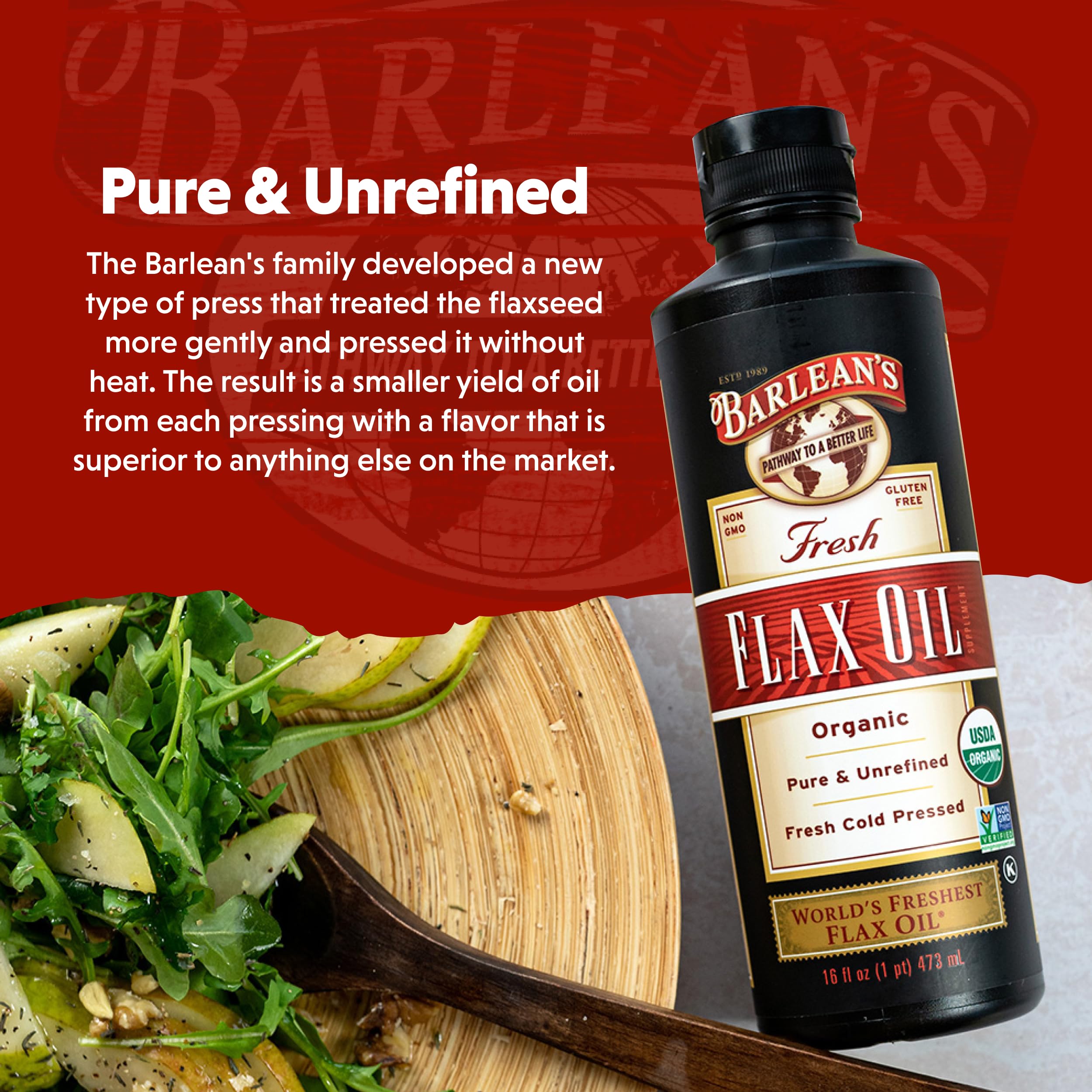 Barlean's Flaxseed Oil label closeup emphasizes organic non-GMO ingredients