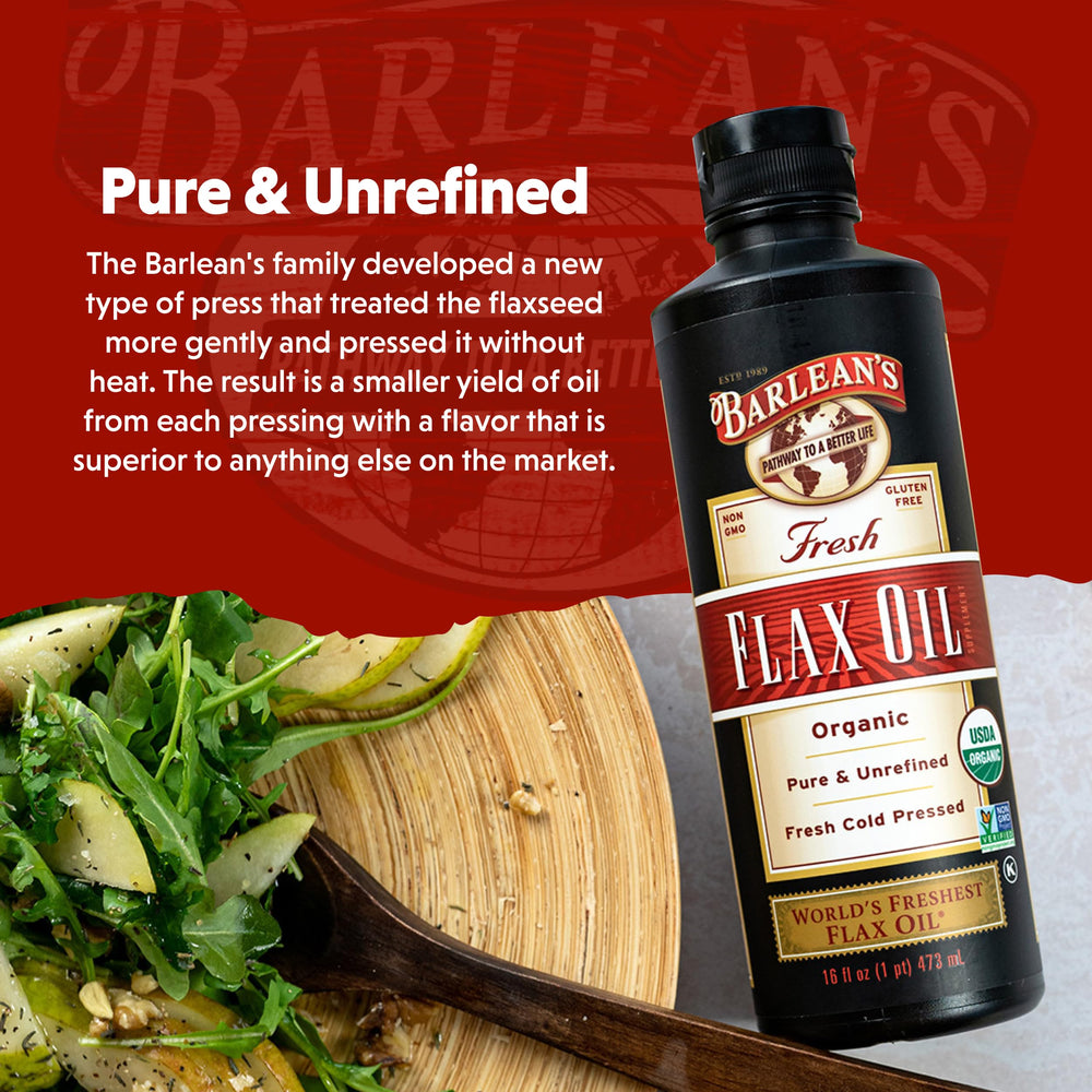 Barlean's Flaxseed Oil label closeup emphasizes organic non-GMO ingredients