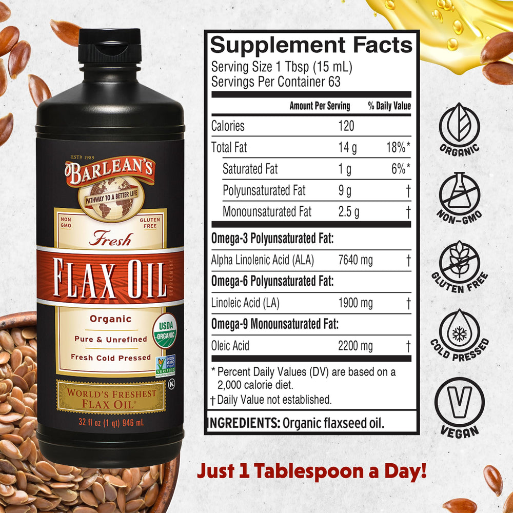 Barlean's Flaxseed Oil pour demonstrates easy daily drizzle for salads and smoothies