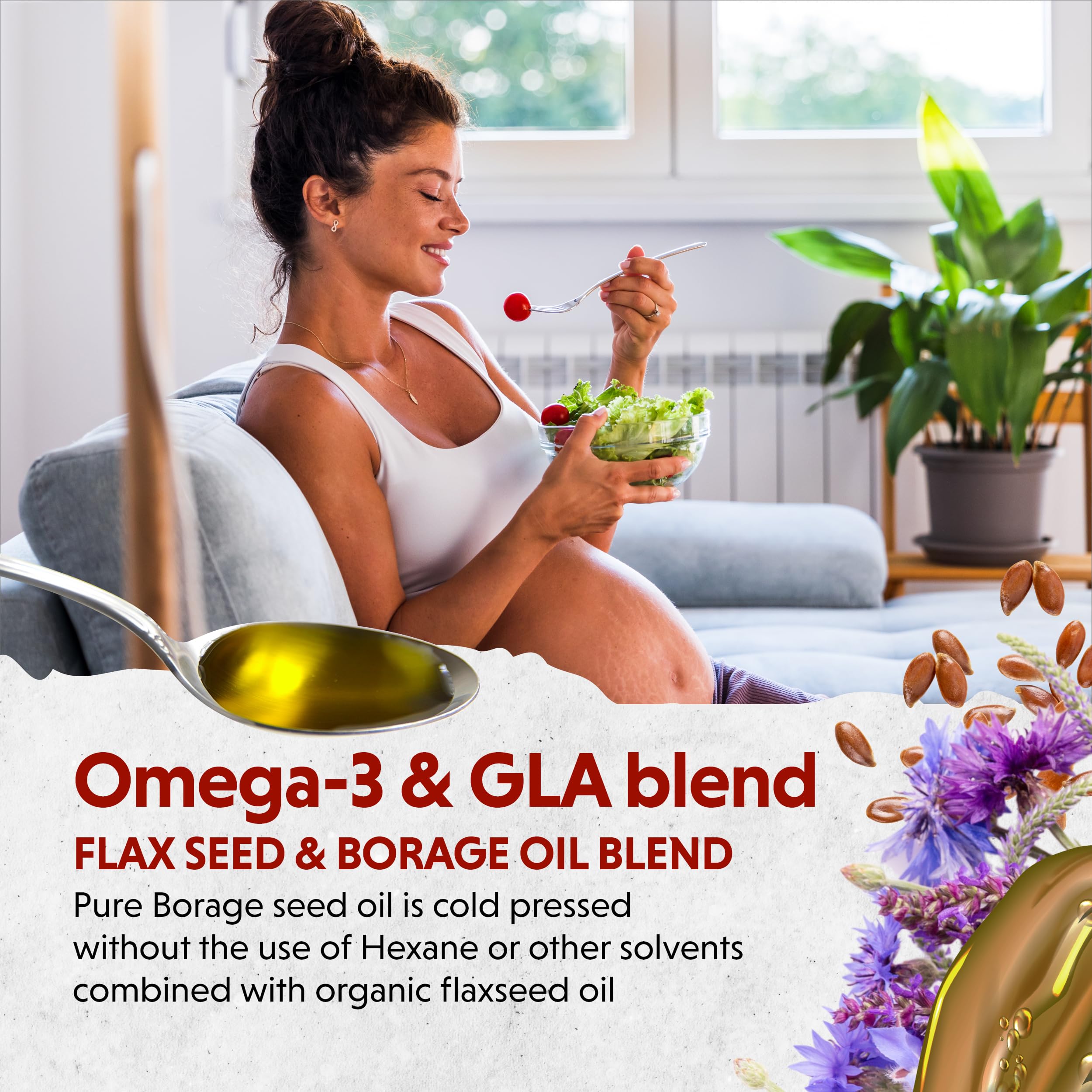 Barlean's Flaxseed oil pouring over salad for a nutritious boost.