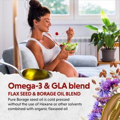 Barlean's Flaxseed oil pouring over salad for a nutritious boost.
