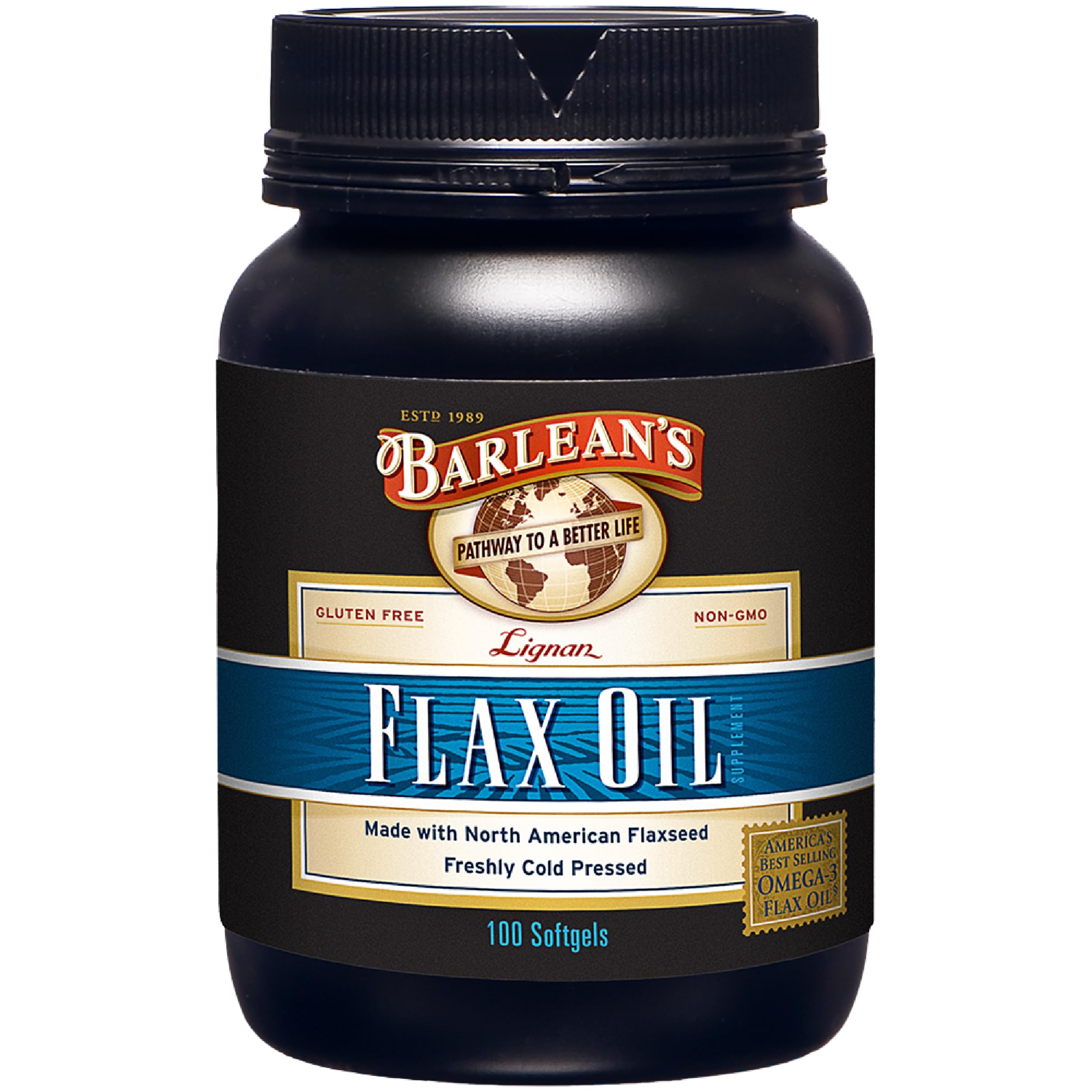 Barlean's flaxseed oil softgels bottle, amber glass, convenient daily omega supplement may support heart health.