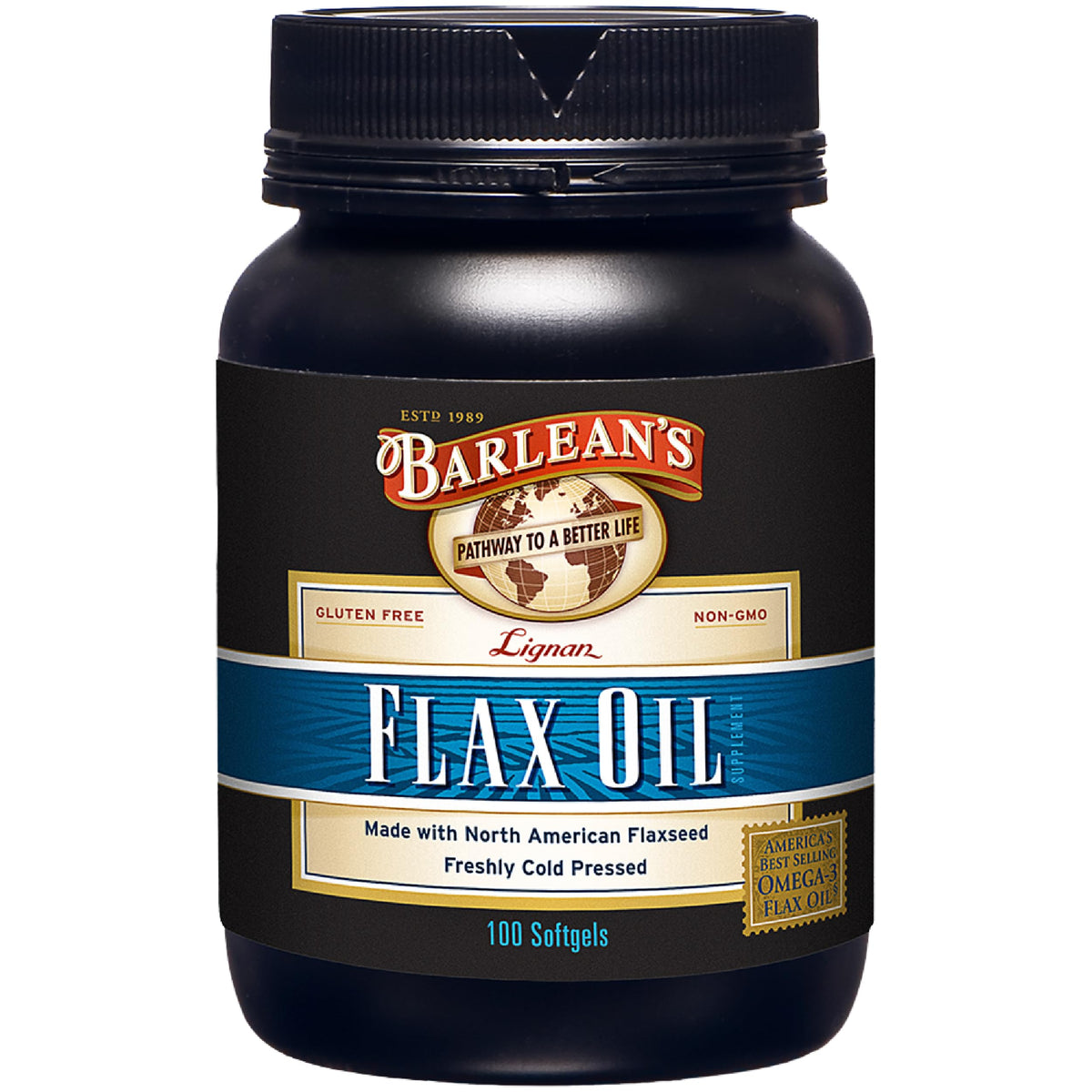Barlean's flaxseed oil softgels bottle, amber glass, convenient daily omega supplement may support heart health.