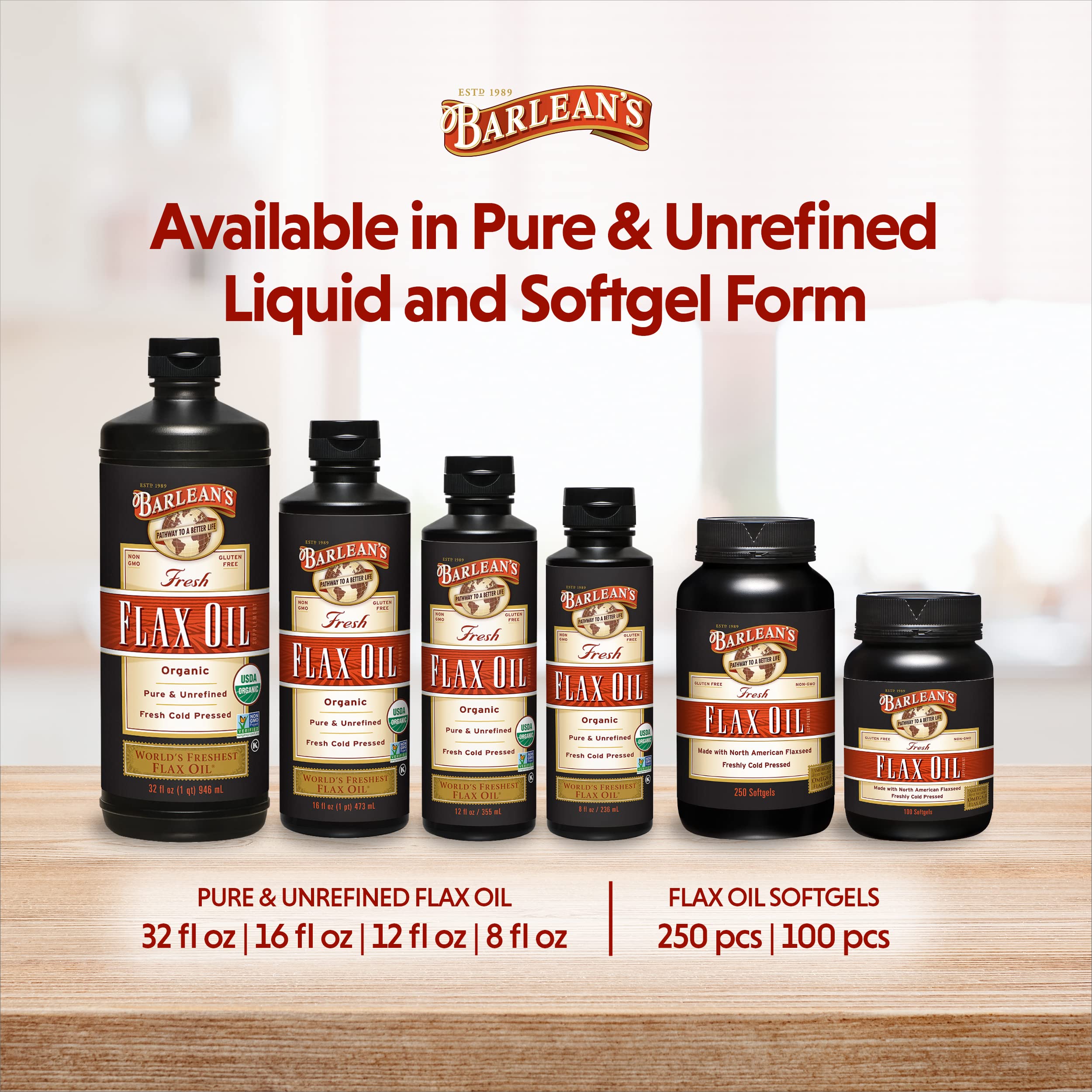 Barlean's flaxseed oil softgels close-up emphasizing 1,550 mg ALA per serving.