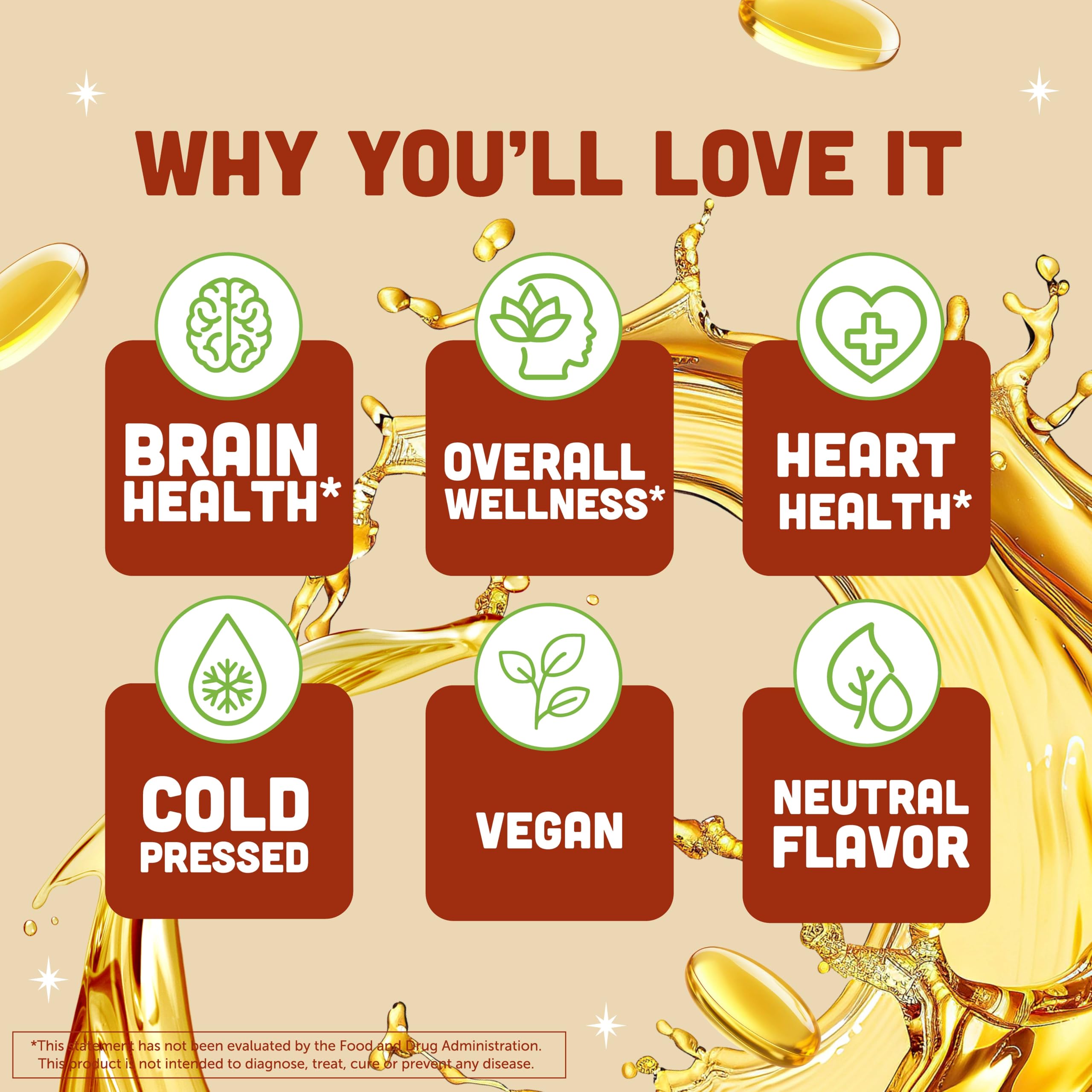 Vegan flaxseed oil bottle label highlights gluten-free and non-GMO ingredients.