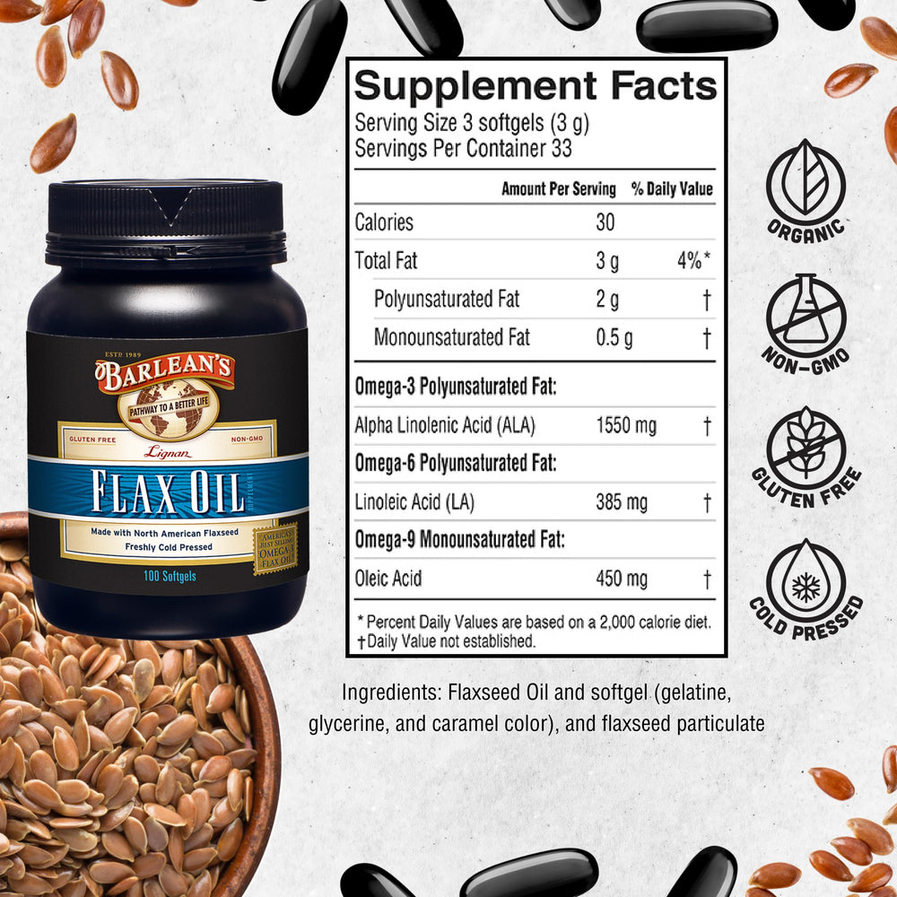 Barlean's flaxseed oil softgels pack, easy-to-carry for on-the-go routines.
