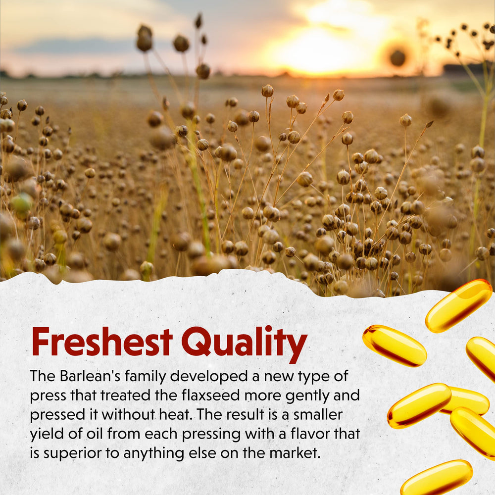 Barlean's packaging highlights gluten-free and non-GMO flaxseed oil.