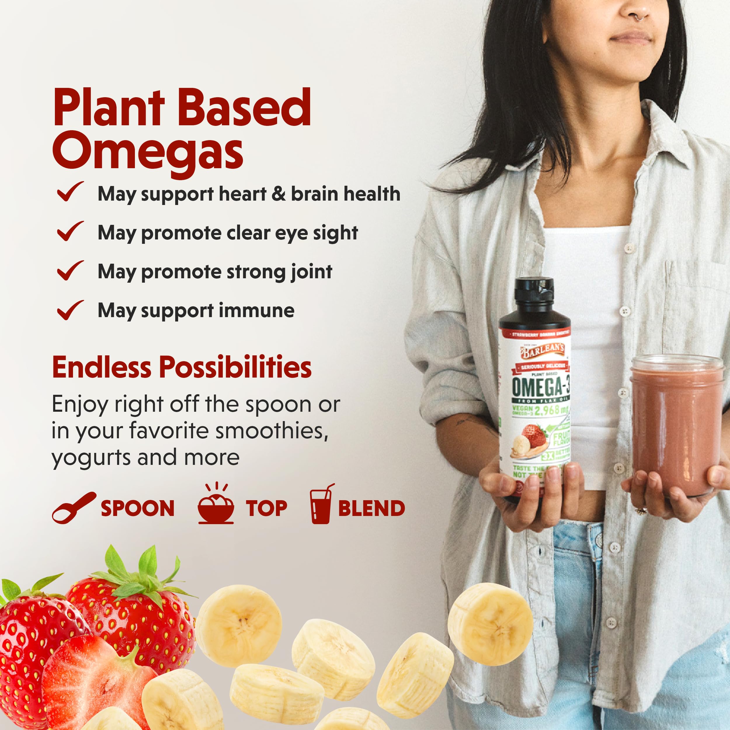 Barlean's flaxseed oil tsp dispense shown for simple daily servings