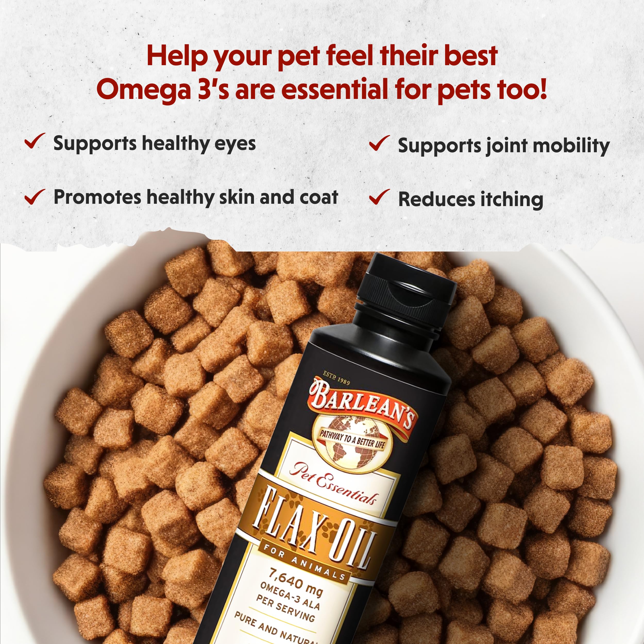 Barlean's Flaxseed Oil USA-made label emphasizes premium pet nutrition
