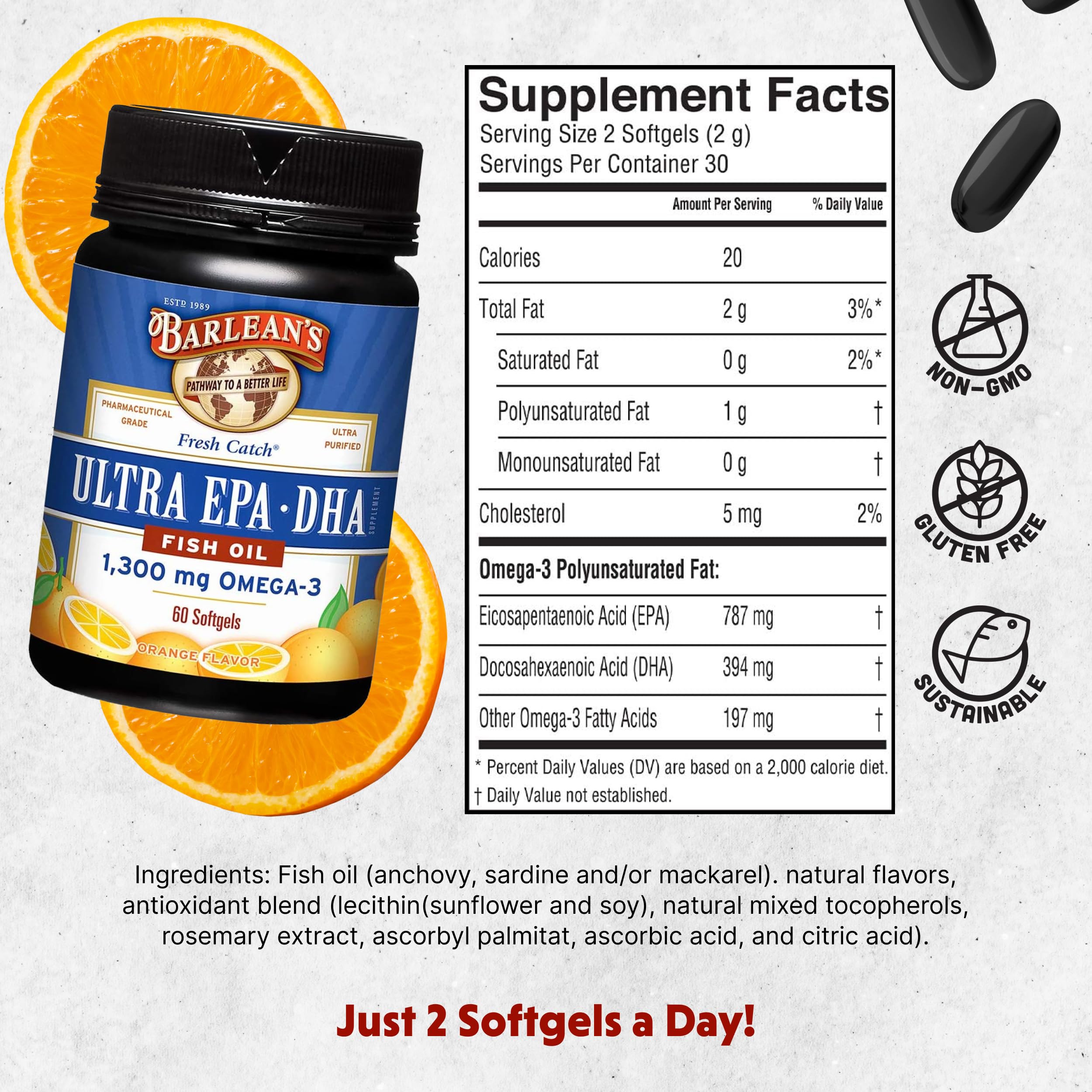 Fresh Catch fish oil bottle highlighting ultra-purified EPA and DHA content.