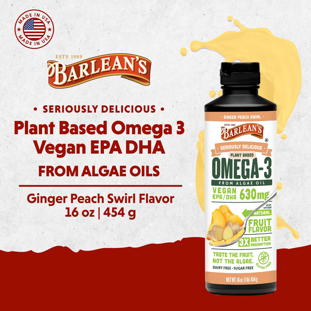 Barlean's Ginger Peach bottle front, non-GMO vegan algae oil for daily Omega-3.