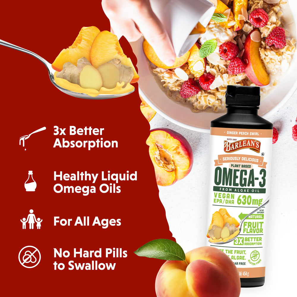 Barlean's Ginger Peach bottle with nutrition panel, 630 mg EPA/DHA per serving.