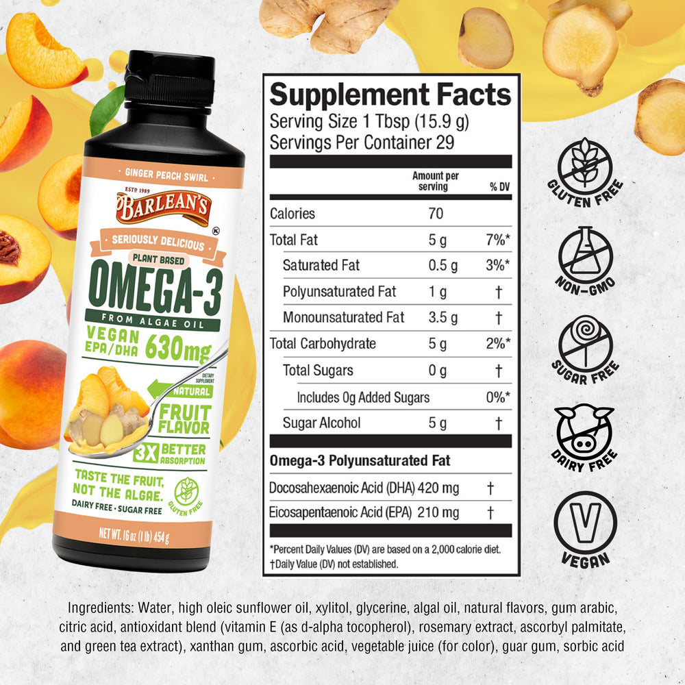 Barlean's Ginger Peach ingredients panel, plant-based algae oil for easy absorption.