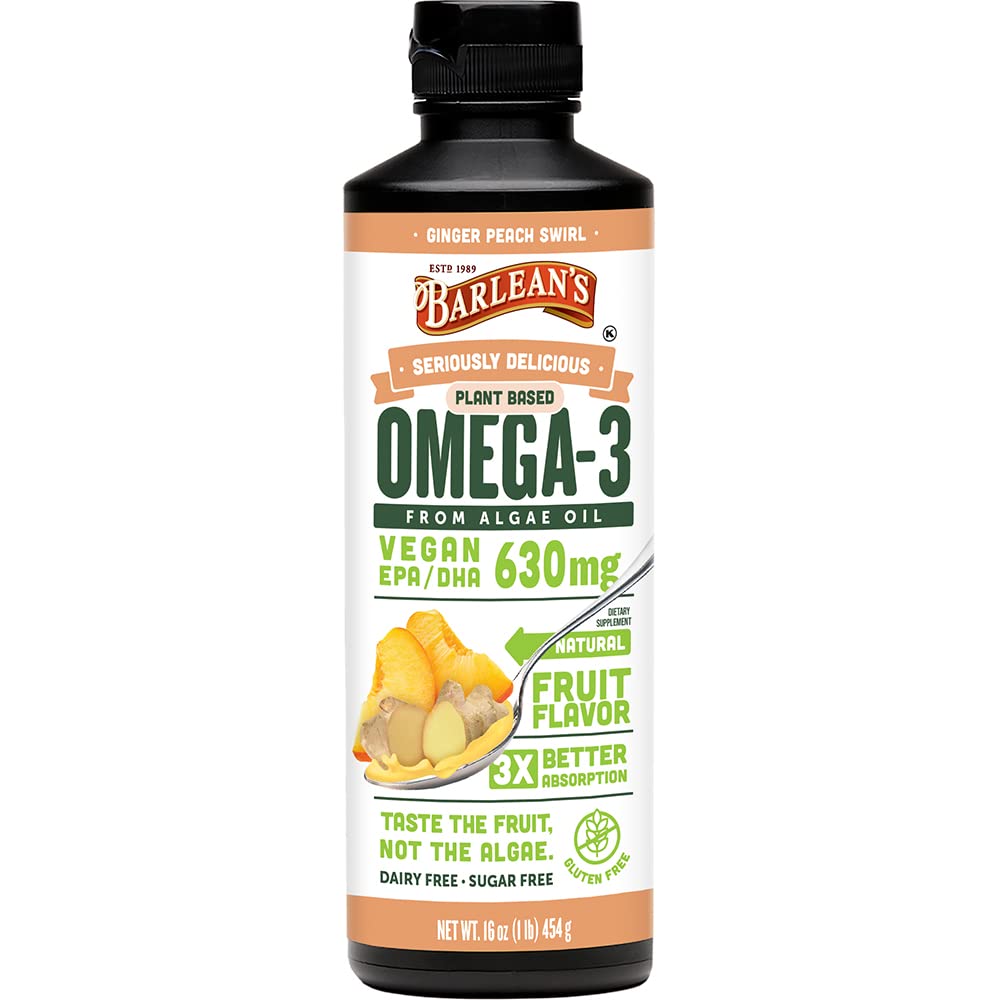 Barlean's Ginger Peach omega-3 oil being poured, may support heart and brain health.