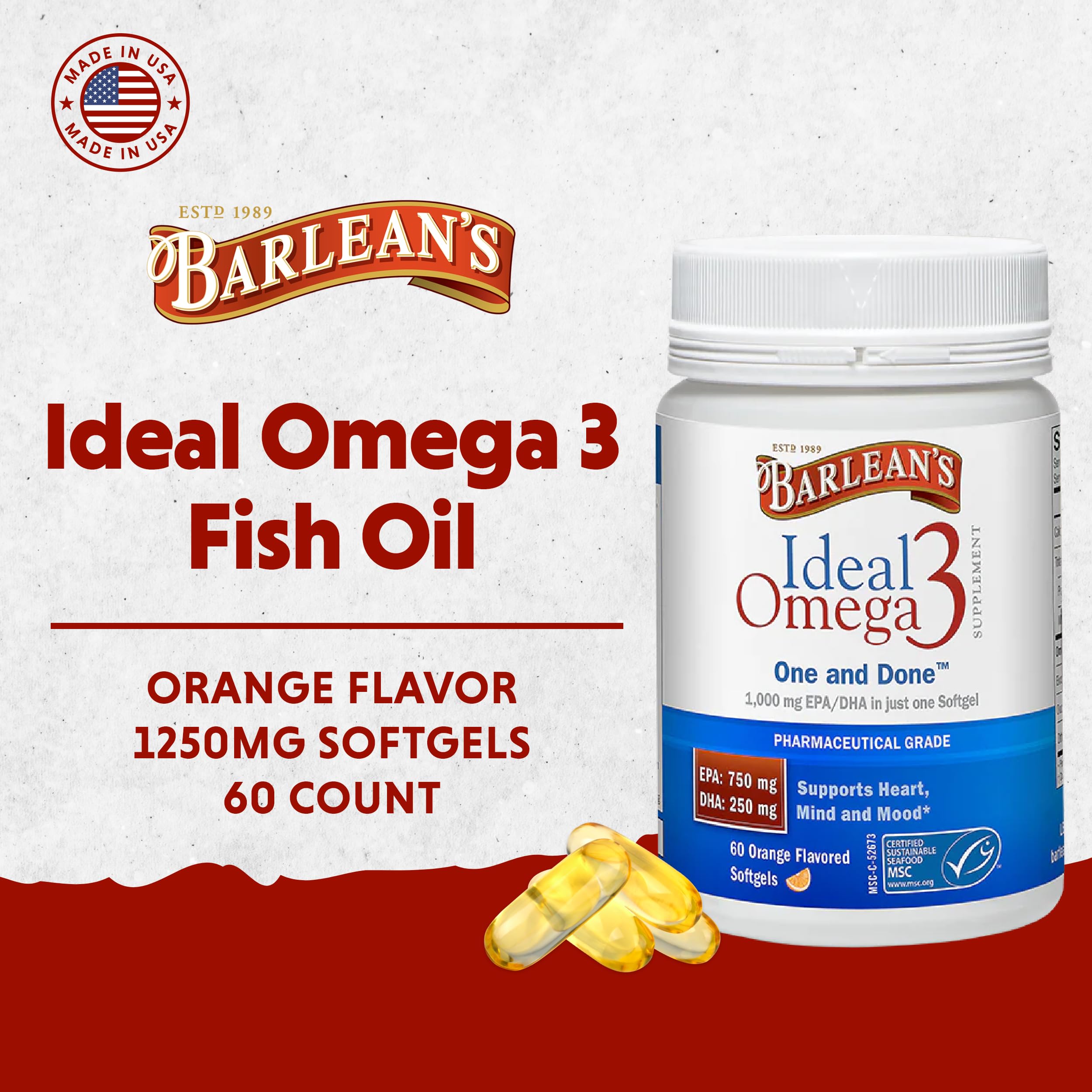 Barlean's Ideal Omega-3 bottle showcases 60-count for family daily use.