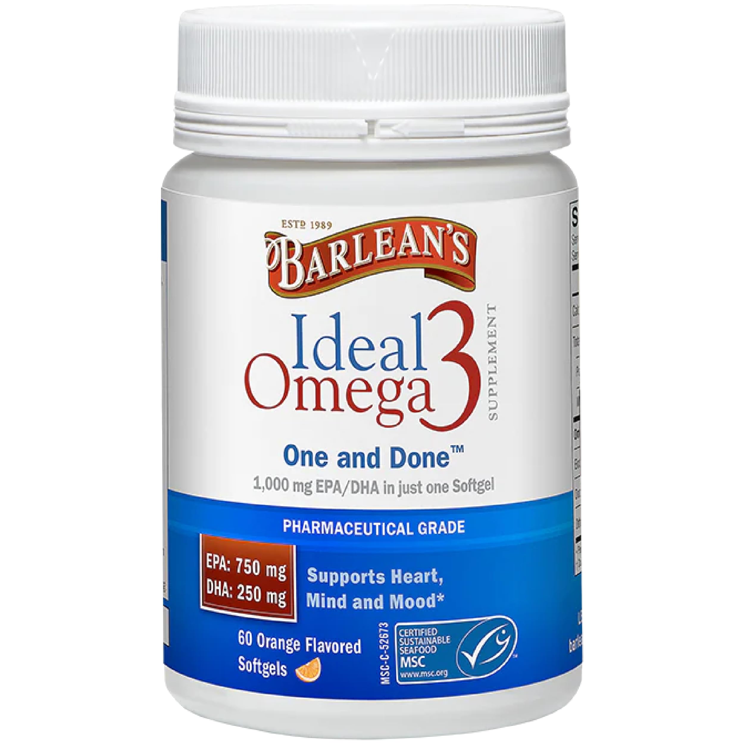 Barlean's Ideal Omega-3 orange softgels in bottle for daily wellness.
