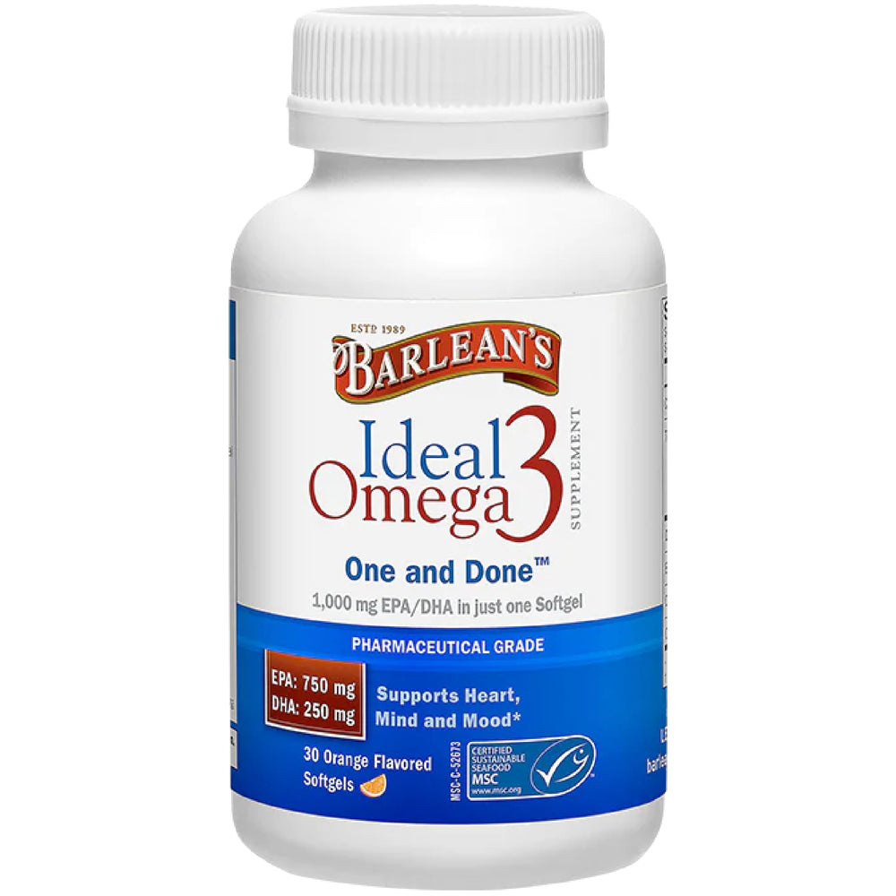 Barlean's Ideal Omega-3 orange softgel bottle front for daily use
