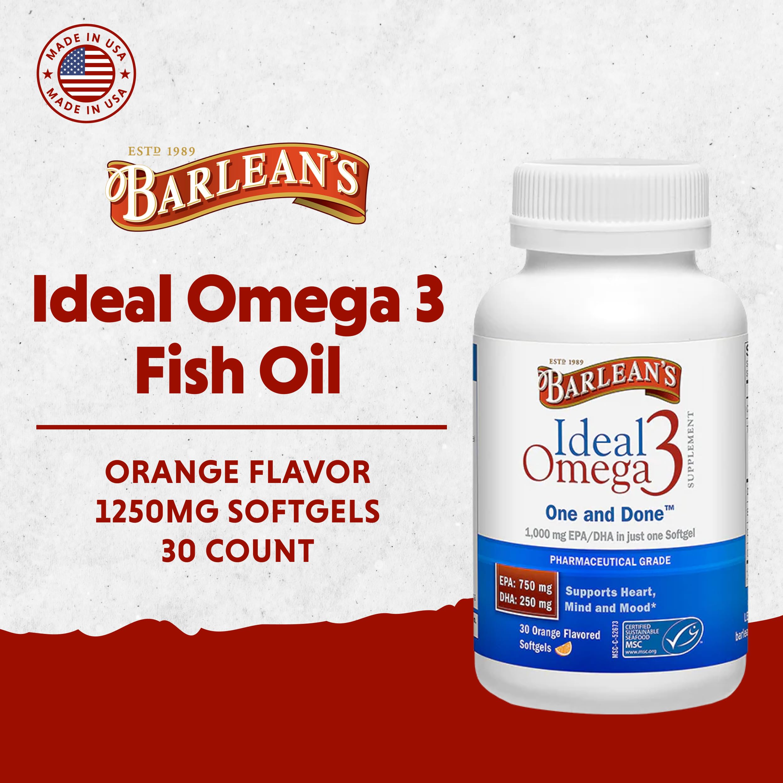 Close-up of Barlean's Omega-3 bottle label showing certification and EPA/DHA