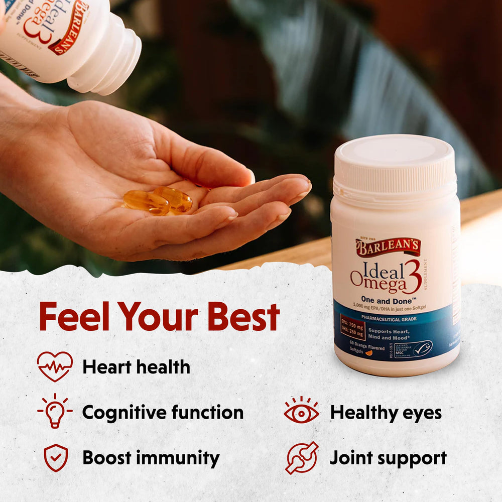 Barlean's softgels pictured with a meal for better absorption