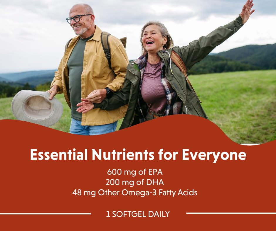 Graphic shows 750 mg EPA and 250 mg DHA per softgel for balanced intake