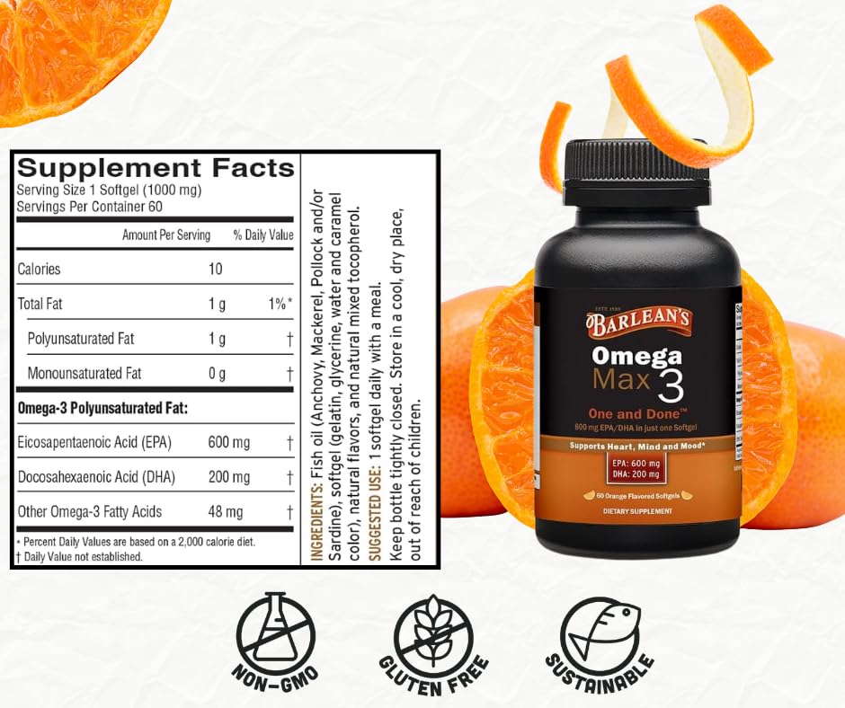 Orange flavor label on Barlean's Ideal Omega Max 3, appealing and easy to take