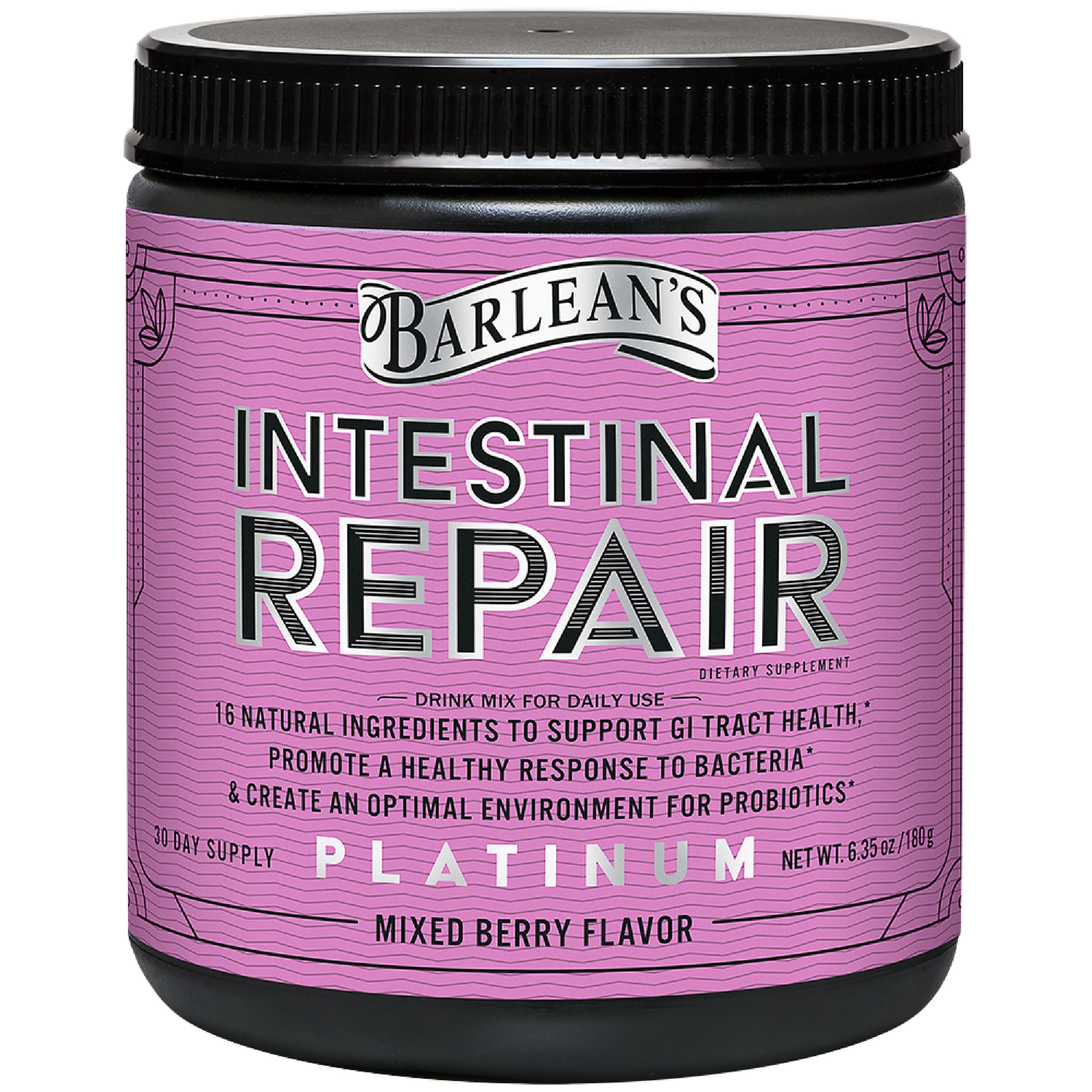 Barlean's Intestinal Repair bottle label highlighting gut support and berry flavor.