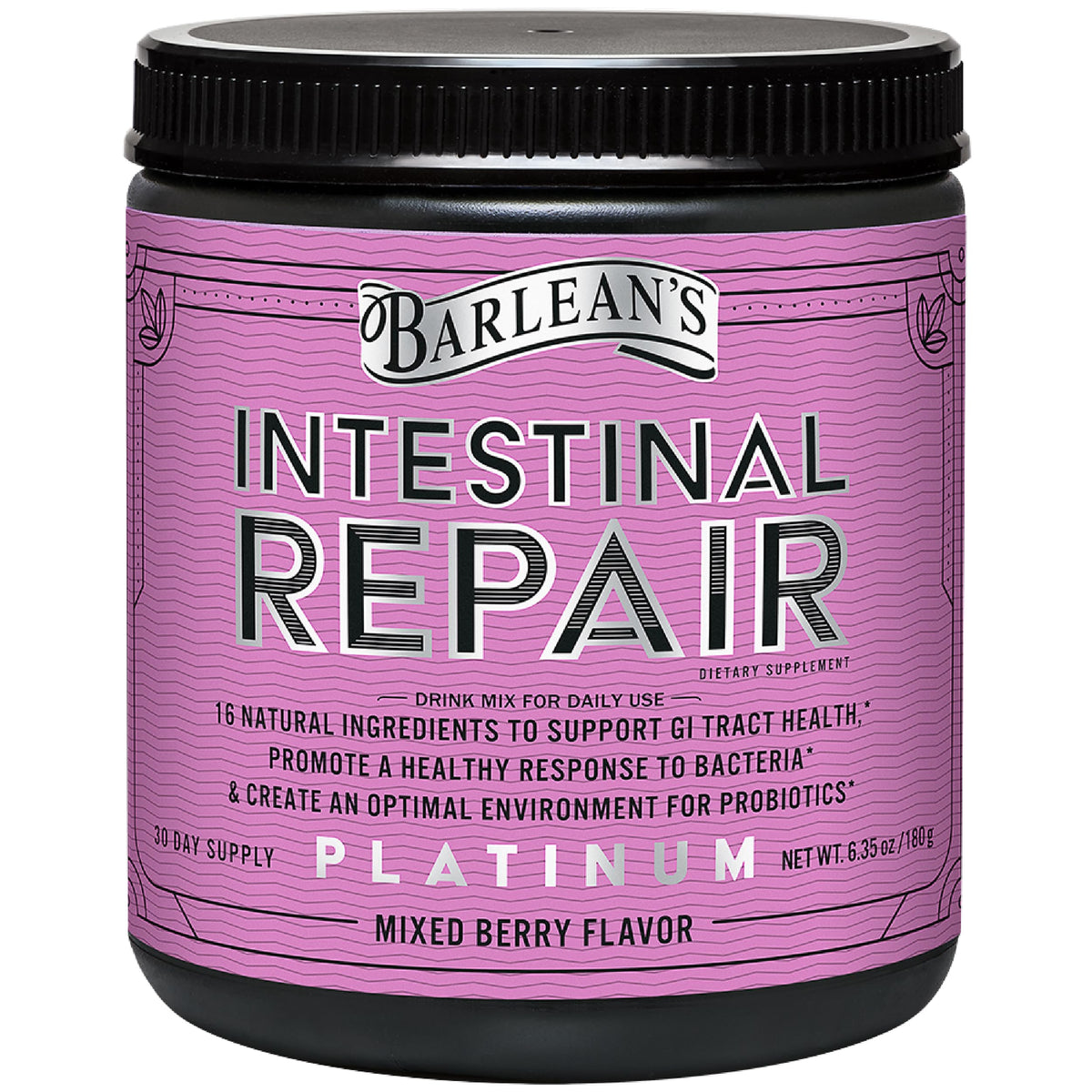 Barlean's Intestinal Repair bottle label highlighting gut support and berry flavor.
