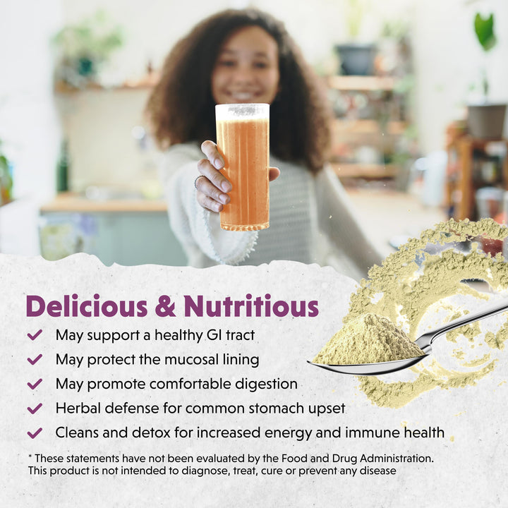 Glass with prepared Barlean's Intestinal Repair drink ready to sip.