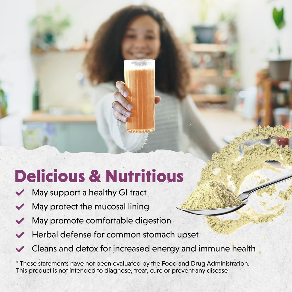 Glass with prepared Barlean's Intestinal Repair drink ready to sip.