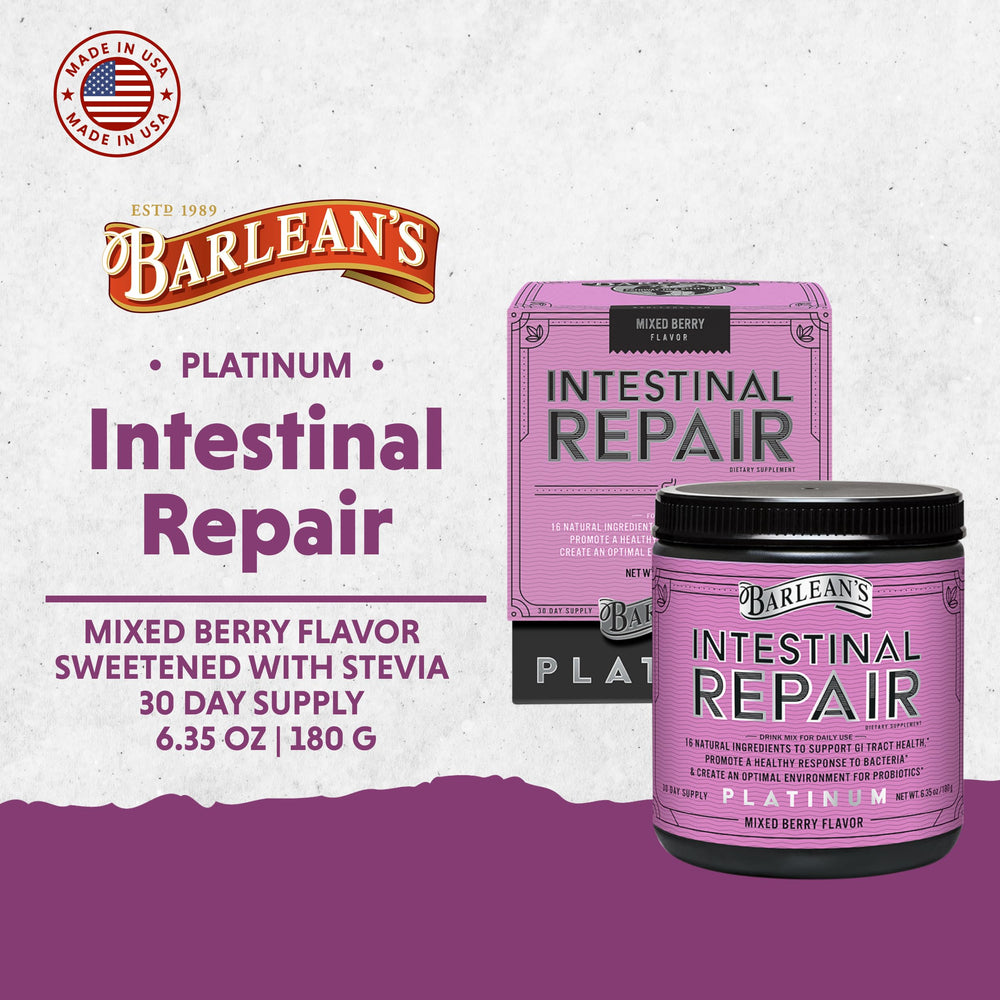 Barlean's Intestinal Repair ingredients list illustrating 16 active components.