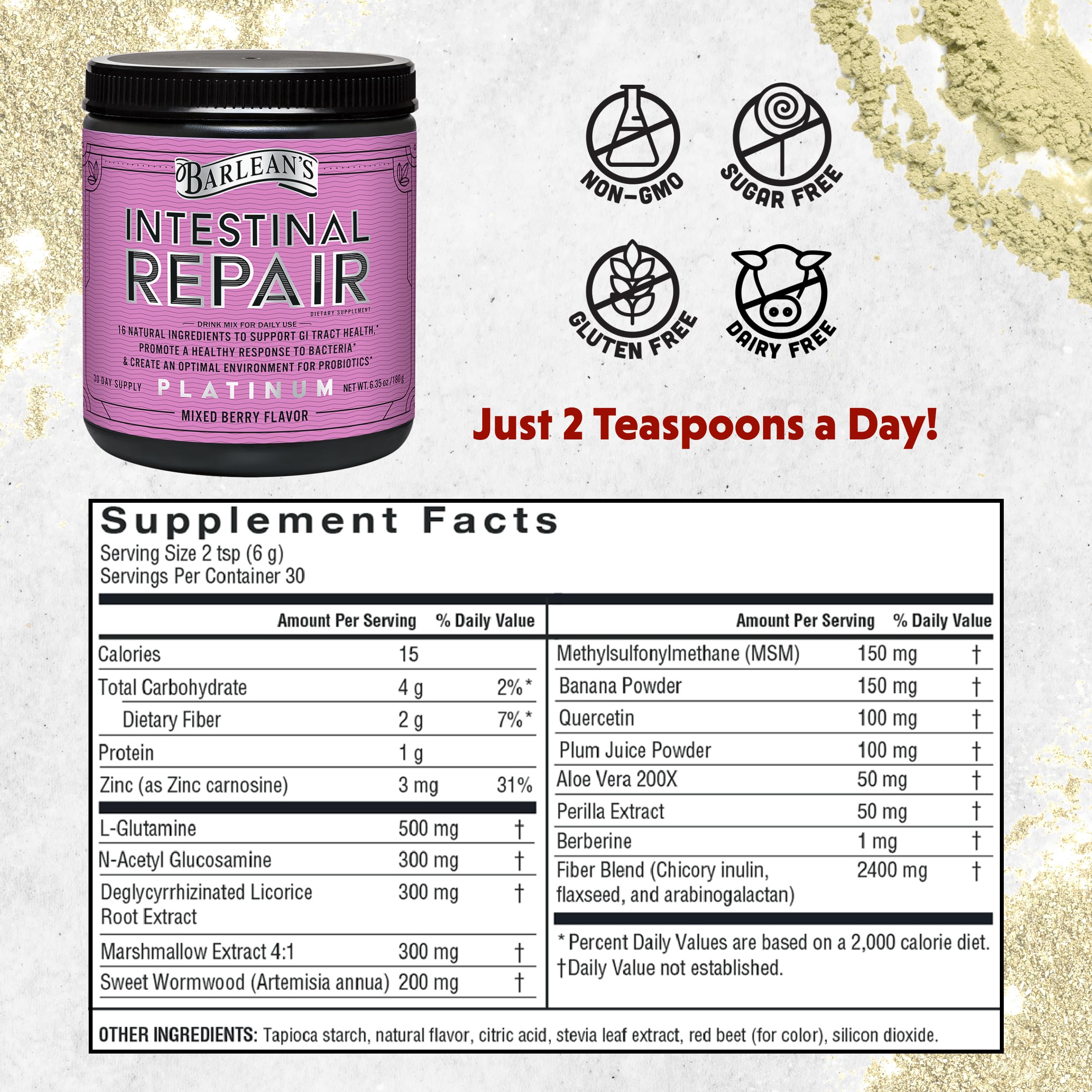 Barlean's Intestinal Repair tasting cup shows berry powder for digestive comfort.