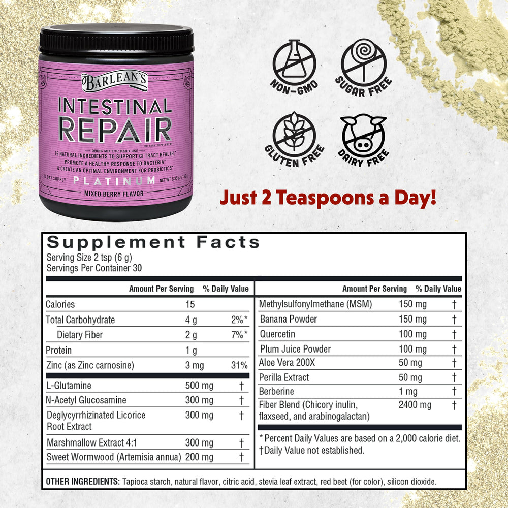 Barlean's Intestinal Repair tasting cup shows berry powder for digestive comfort.