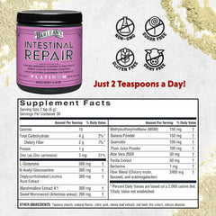 Barlean's Intestinal Repair tasting cup shows berry powder for digestive comfort.