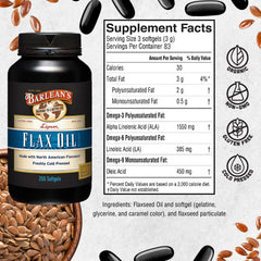 Close-up of Barlean's flaxseed oil softgels label showing cold-pressed quality.