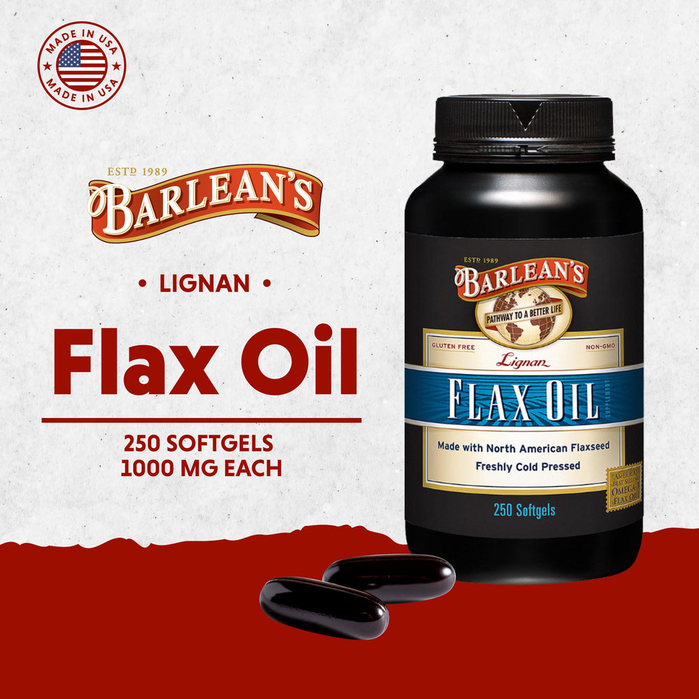 Softgels being poured from the Barlean's bottle for easy daily use.