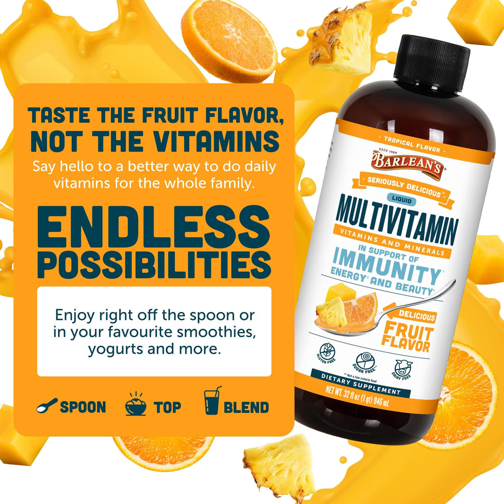 Barlean's Liquid Multivitamin used in a family smoothie for all ages.