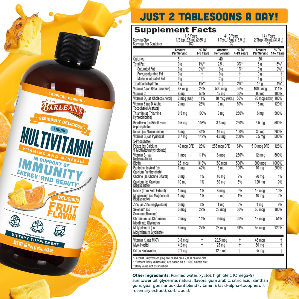 Barlean's liquid multivitamin smooth texture shown with spoon for easy mixing