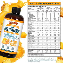 Barlean's liquid multivitamin smooth texture shown with spoon for easy mixing