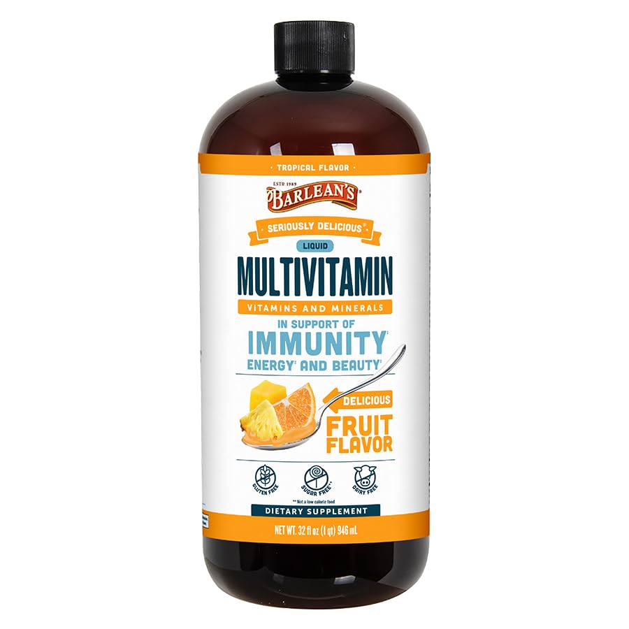 Barlean's Liquid Multivitamin tropical bottle for daily energy and wellness.