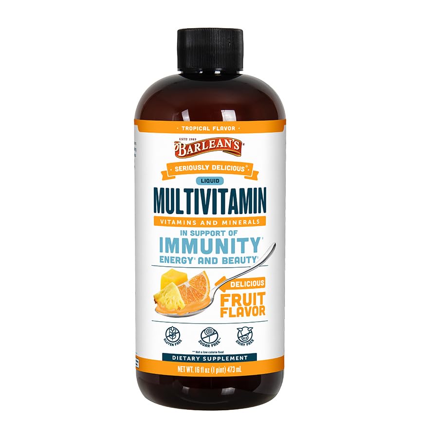 Barlean's liquid multivitamin tropical flavor bottle for family daily nutrition