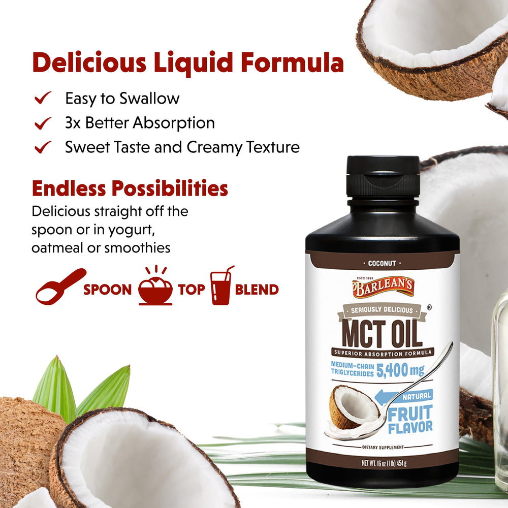 Barlean's MCT Oil Coconut creamy syrup in a coffee cup for smooth texture.