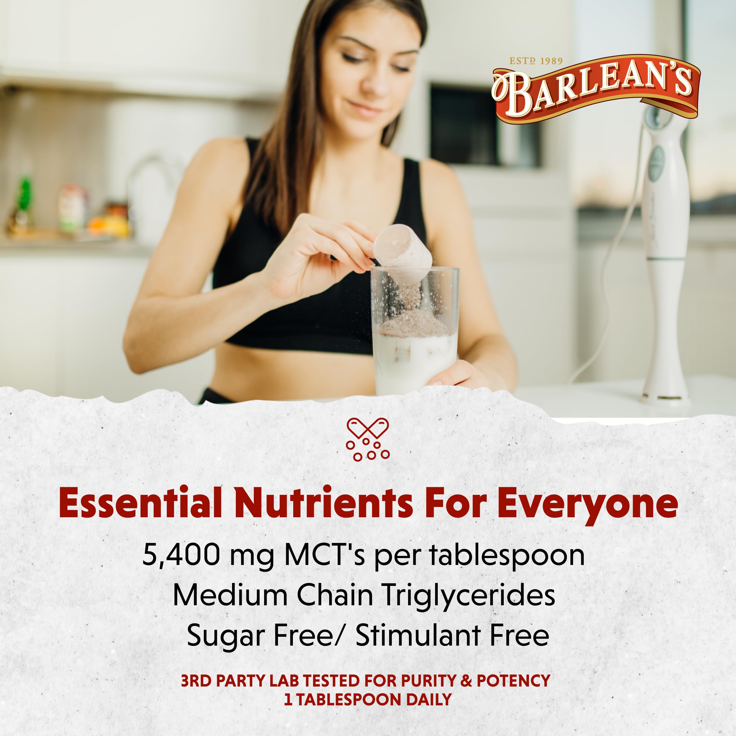 Barlean's MCT Oil Coconut ingredient list showing plant-based MCT profile for clean sourcing.