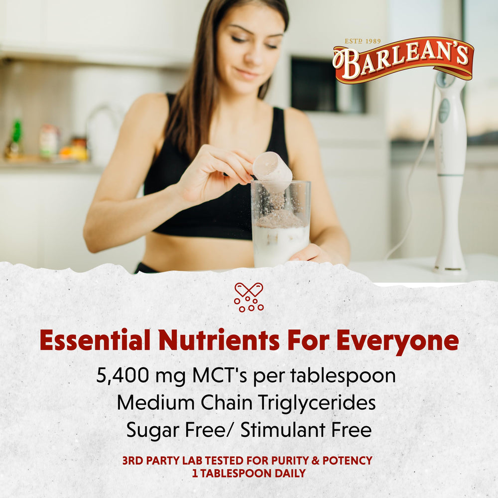Barlean's MCT Oil Coconut ingredient list showing plant-based MCT profile for clean sourcing.