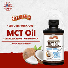 Close-up of Barlean's MCT Oil Coconut label with 5,400 mg per serving for potential energy support.