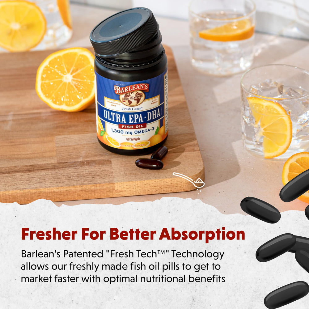 Mercury-free omega-3 capsules in a USA-made Barlean's bottle.