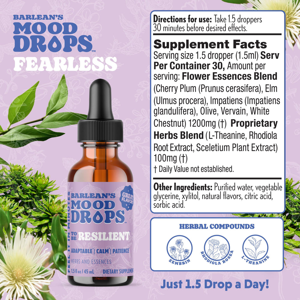 Barlean's Mood Booster dropper showing convenient, fast-absorbing liquid drops.