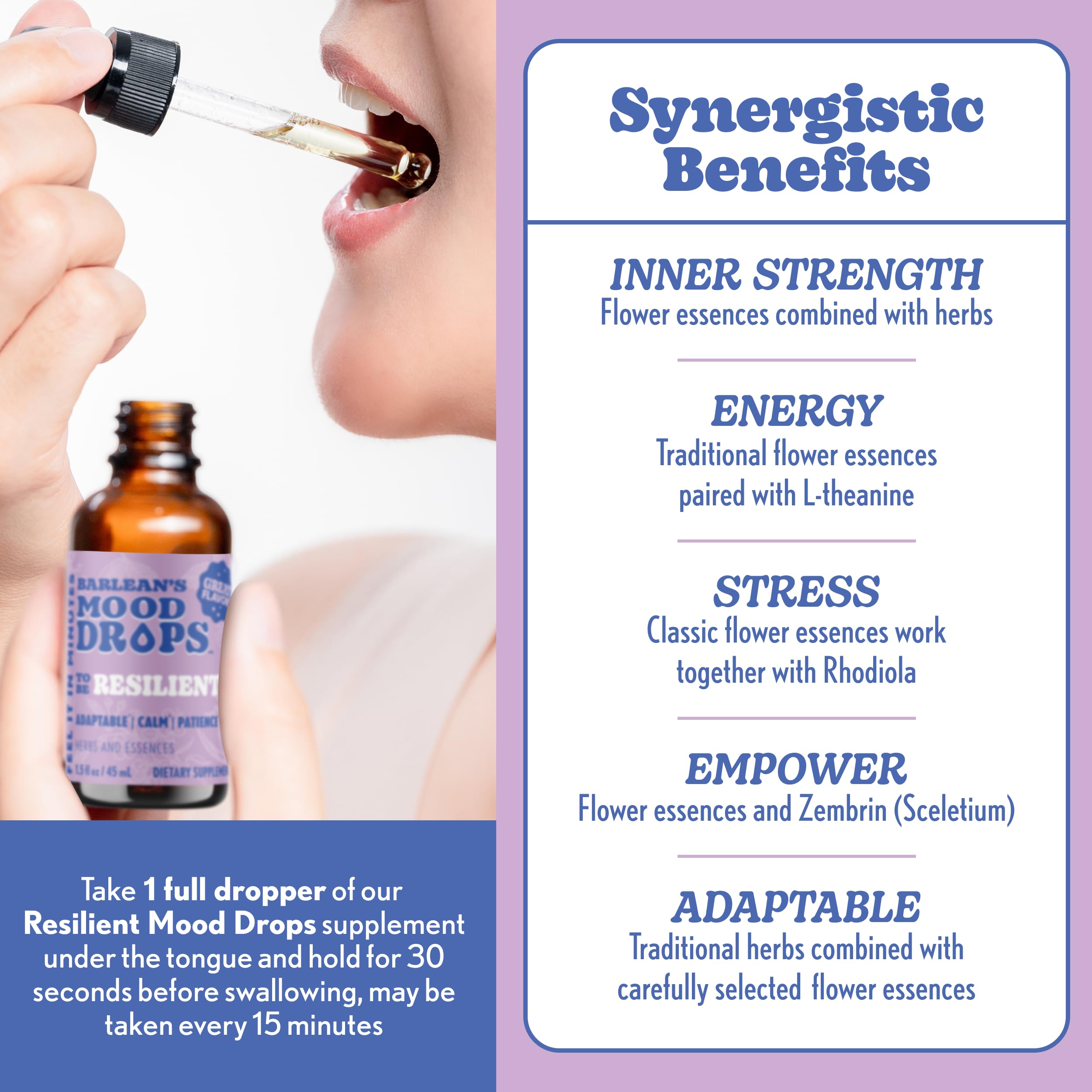 Barlean's Mood Booster ingredients showcase flower essences and L-Theanine for balanced focus.