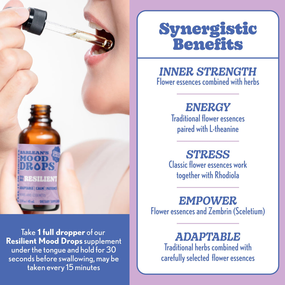 Barlean's Mood Booster ingredients showcase flower essences and L-Theanine for balanced focus.