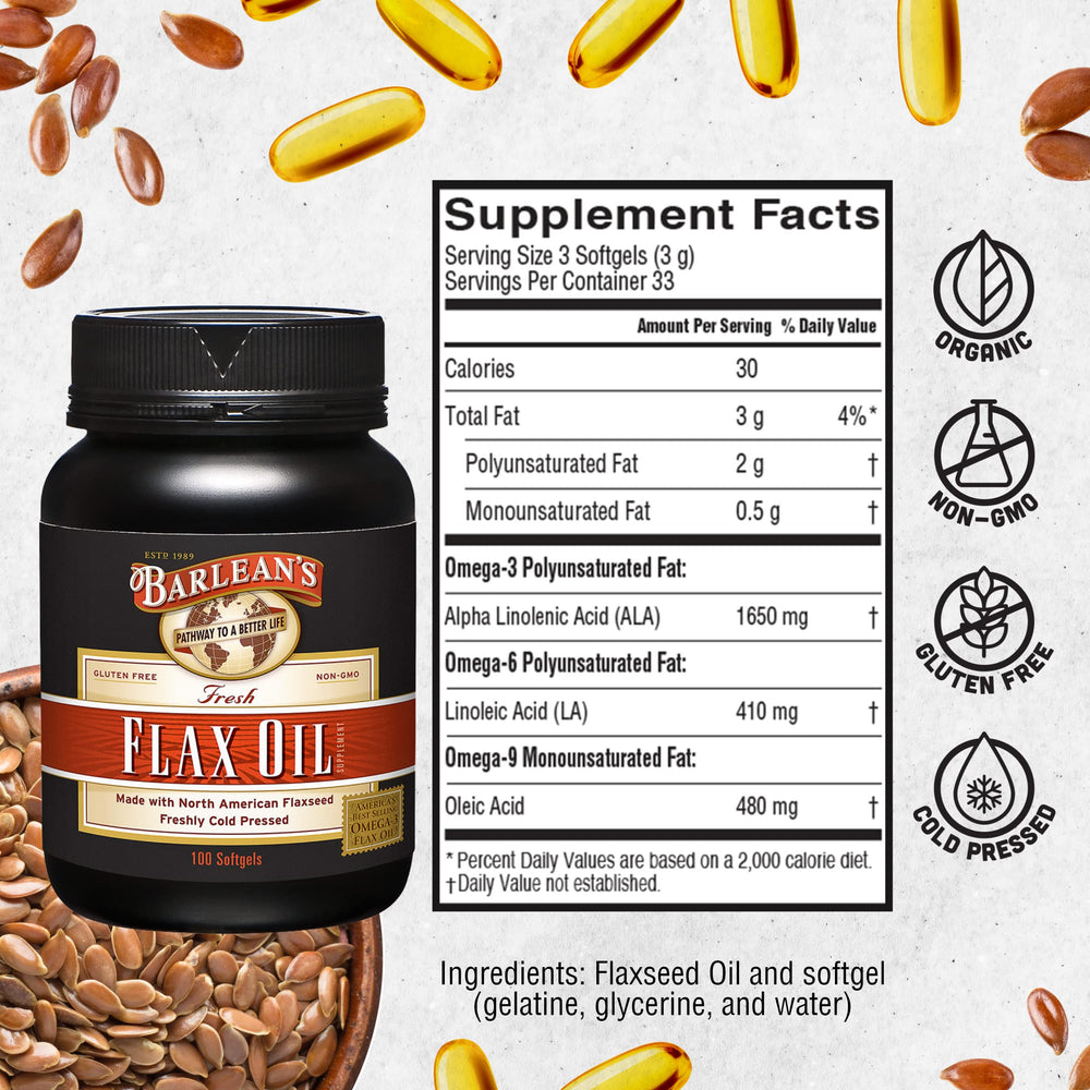 Barlean's non-GMO gluten-free flaxseed oil capsule on bright background.