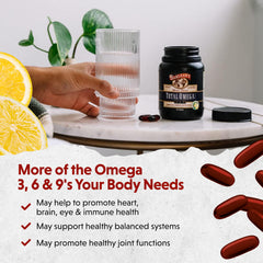 Barlean's omega blend capsules show flax, fish, and borage oils.